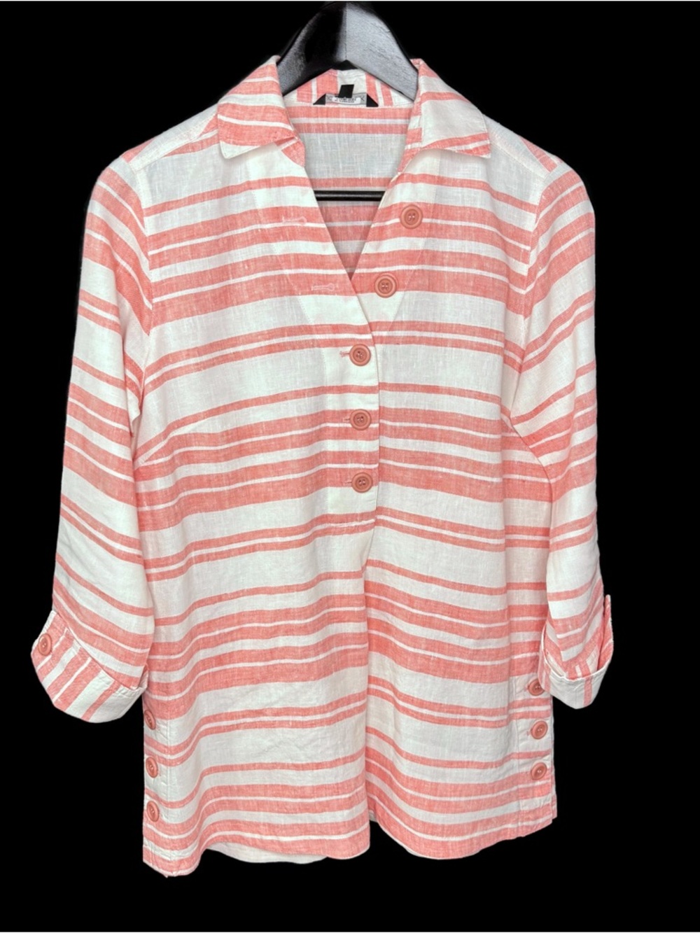 John Mark Coral & White Striped Button-Front Tunic Shirt Linen Beautiful XS